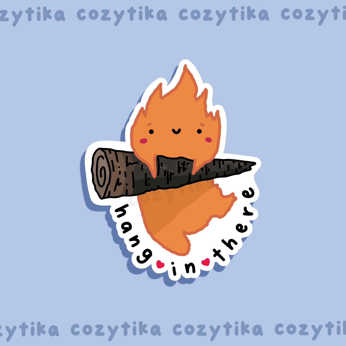 Howl's Moving Castle Calcifer hanging from wood with "hang in there" sticker graphic