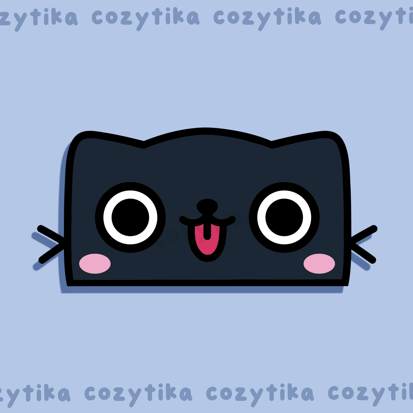 black wide eyed cat with tongue sticking out
