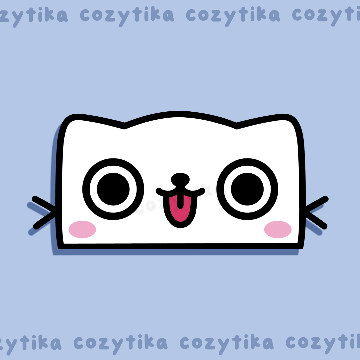 white wide eyed cat with tongue sticking out