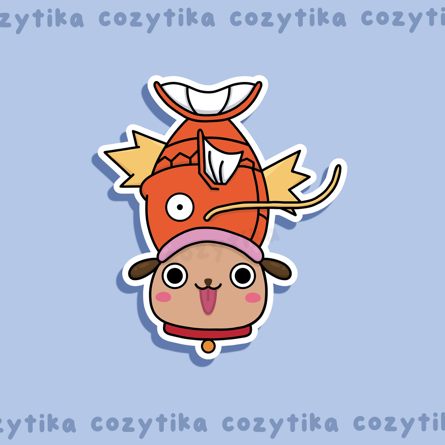 Magikarp eating head of dog named Chubs sticker graphic