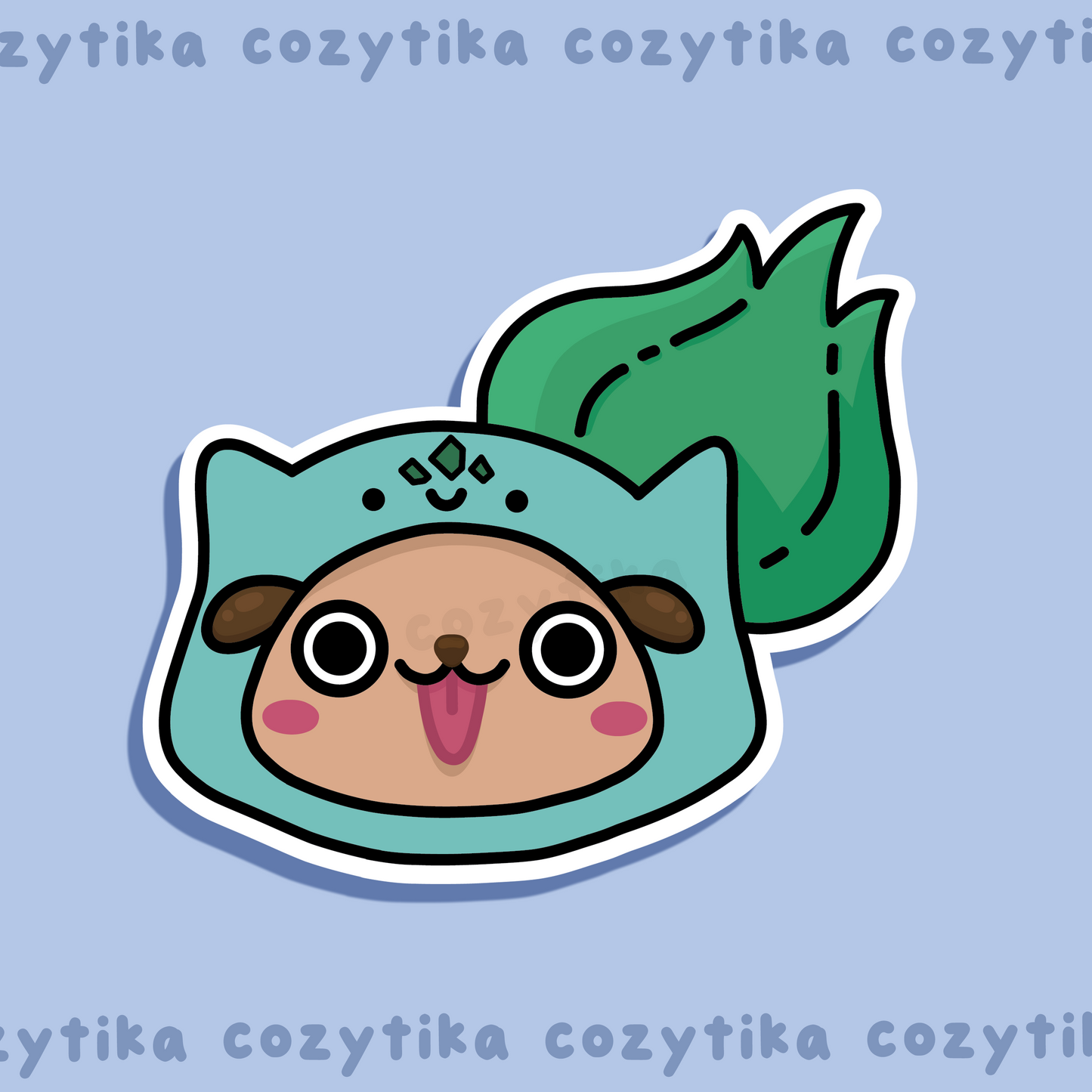 Dog wearing bulbasaur hat sticker graphic