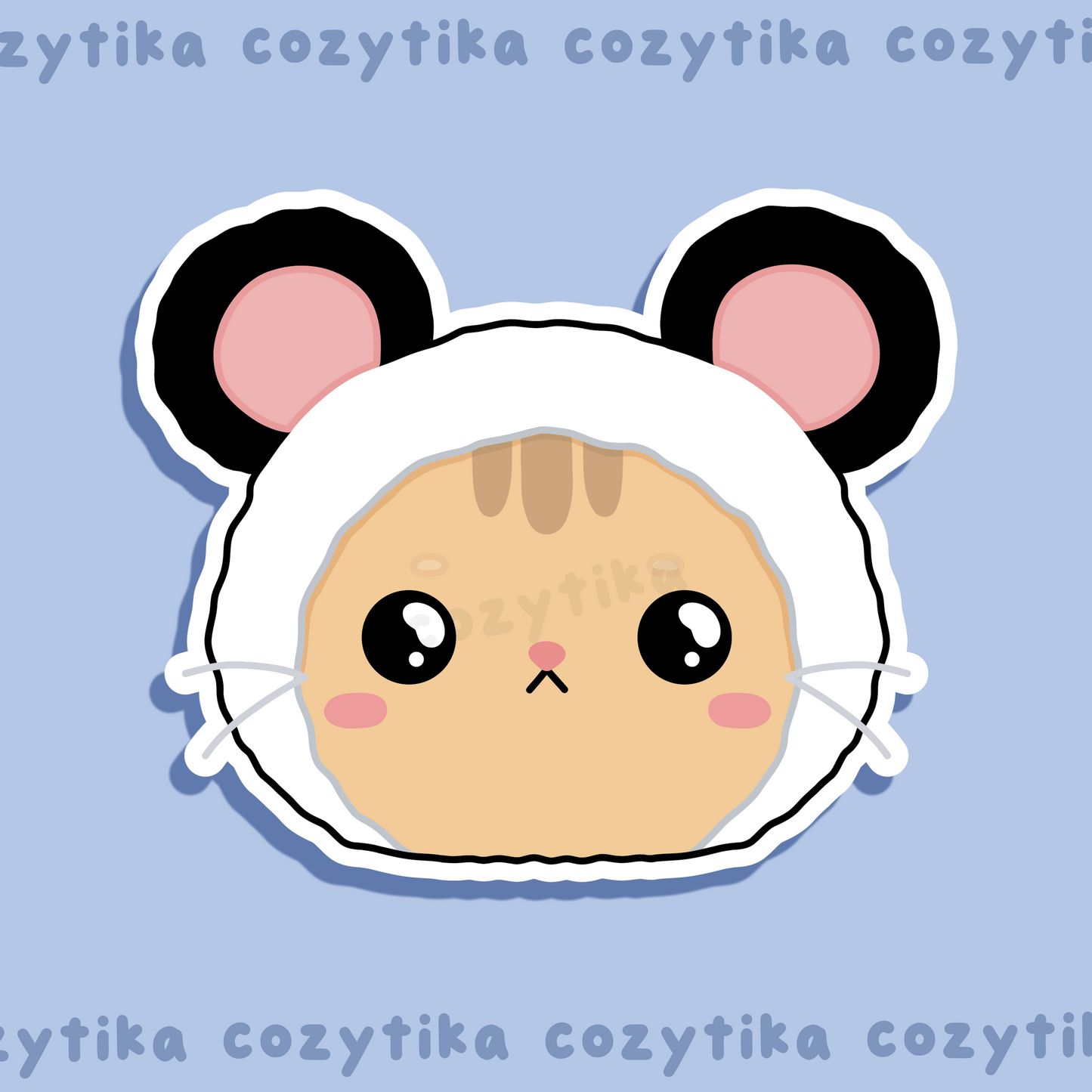Tabby cat wearing panda hat sticker graphic
